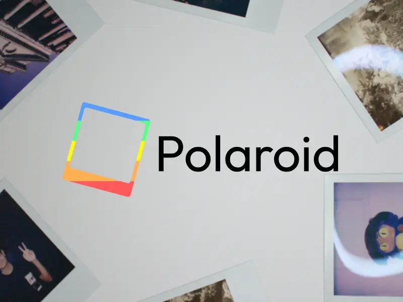 A Polaroid logo, surrounded by various Polaroid pictures